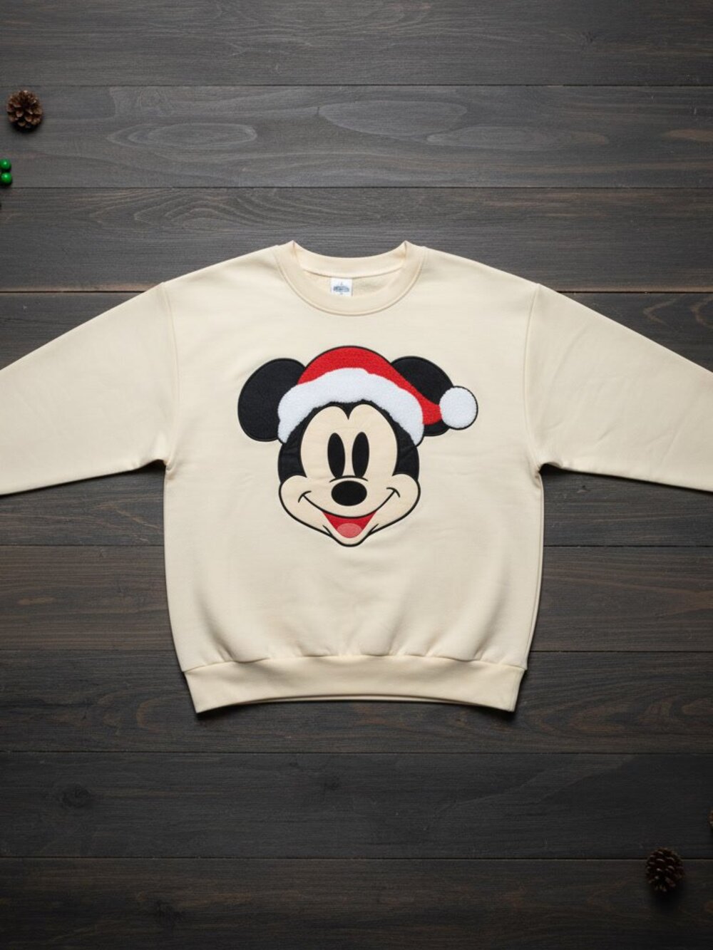 📌 Disney Store Mickey Mouse Santa Hat Chenille Crewneck Sweatshirt L - Picture 2 of 7
